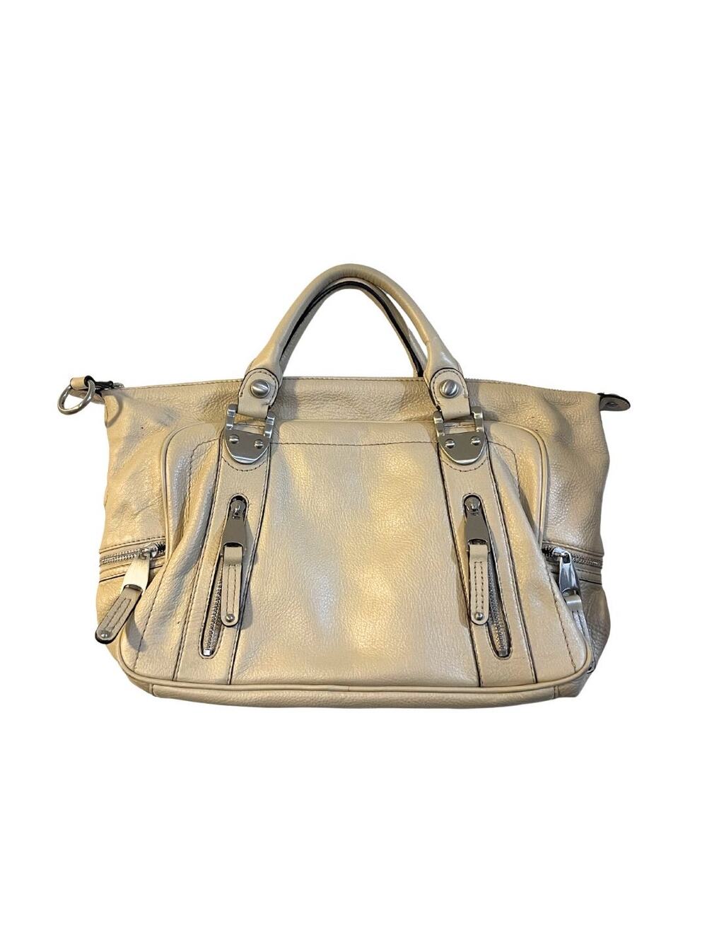 B. Makowsky Chelsea Gunmetal Pebbled Leather Satchel Bag Top Handle Boho Chic